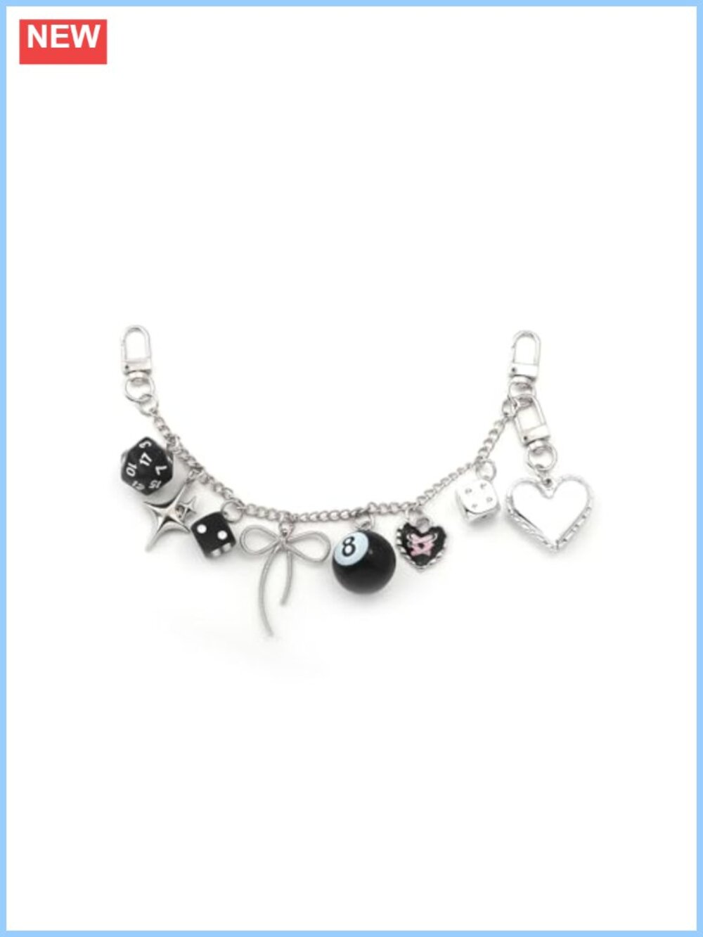 Silver Metal Bag Charm Wallet Chain with Dice Heart Pendants